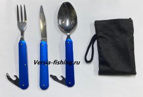 Набор столовых приборов K8003 нож+вилка+ложка+открывалка цв.синий